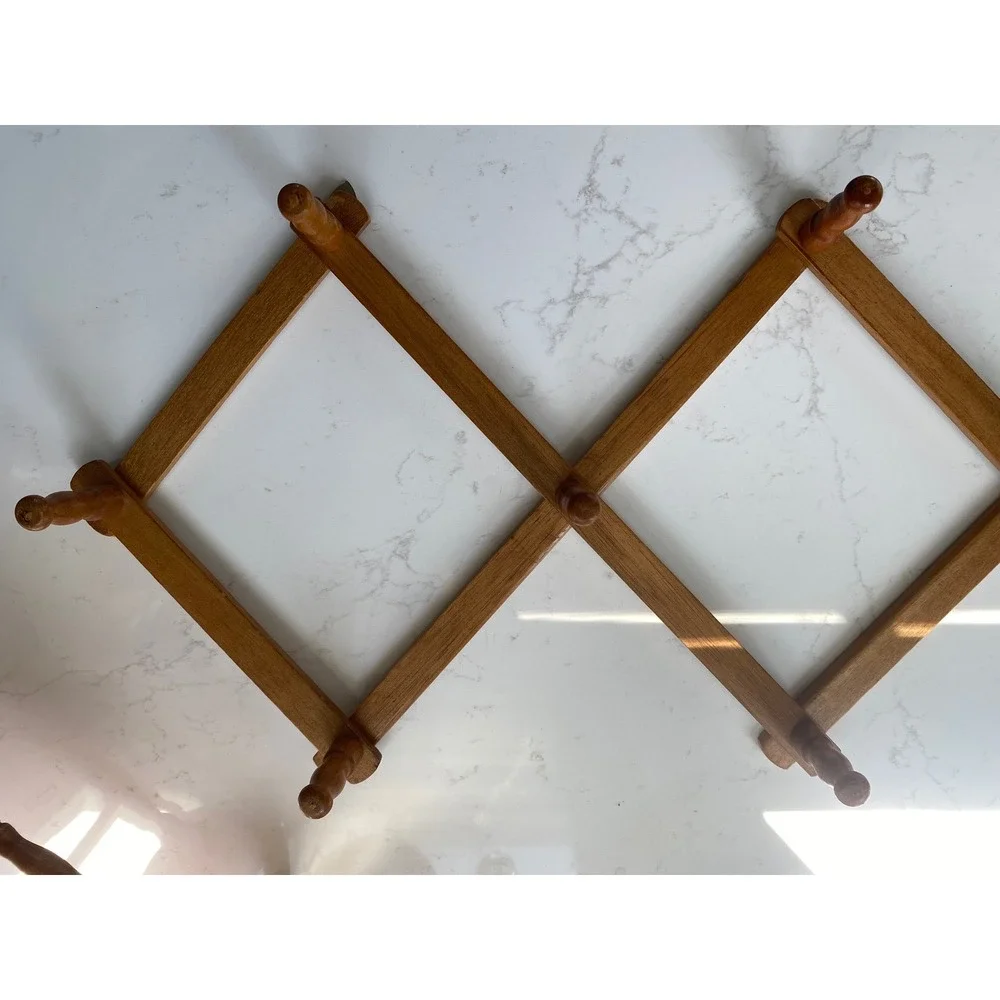 Vintage Wood Accordion Wall Rack Expandable 10 Peg Hat Coat Mug Holder 26 Inch